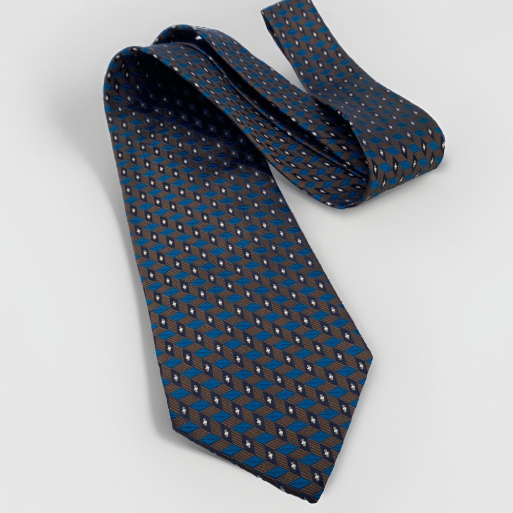Ermenegildo Zegna Tie Mens 100% Silk Italy Luxury Geometric Teal Brown Classic